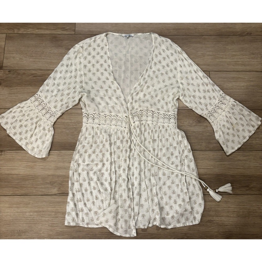 Blue Island Cardigan Cover Up Lg Tassel Rope Tie Bell Sleeve Crochet Lace Boho